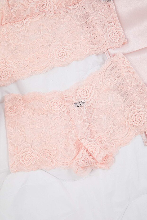 Pembe 3'lü Çeyiz Set Üst Dantel, Alt Saten Askılı Külotlu Dokuma Pijama Takımı THMAW26PT00077 - 7