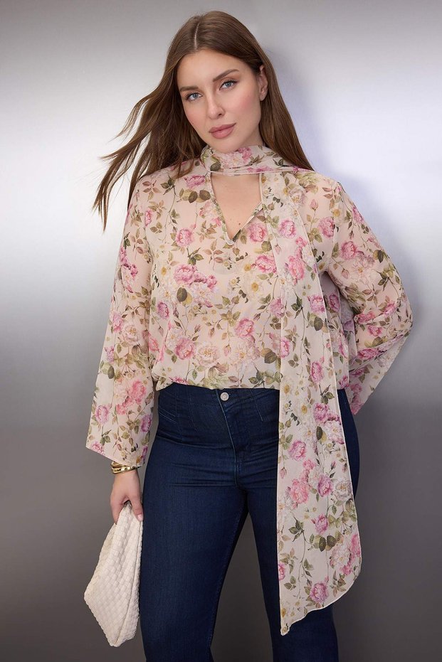 Ecru Floral Tie-Neck V-Neck Chiffon Sheer Woven Plus Size Blouse TBBAW26AF00070