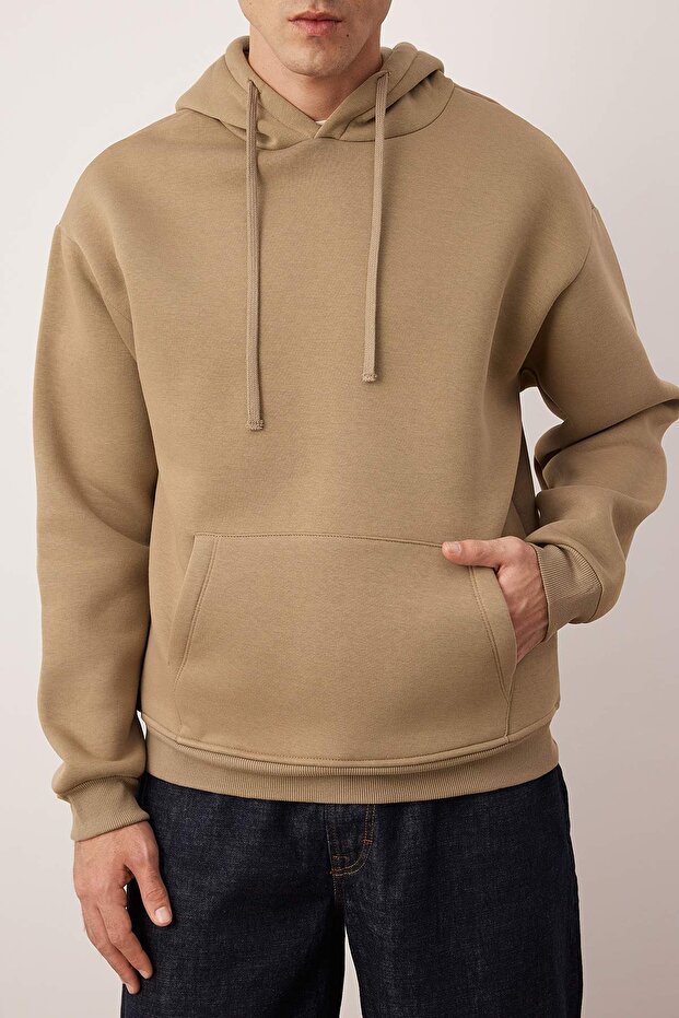 Koyu Vizon Basic Oversize/Geniş Kesim Kapüşonlu İçi Polar/Sıcak Tutan Sweatshirt TMNAW21SW2005 - 3