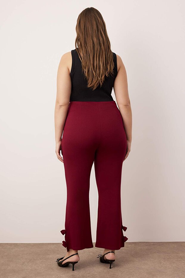 Bordo Paçası Fiyonk Detaylı Flare Fit Örme Büyük Beden Pantolon TBBAW26AR00003 - 4