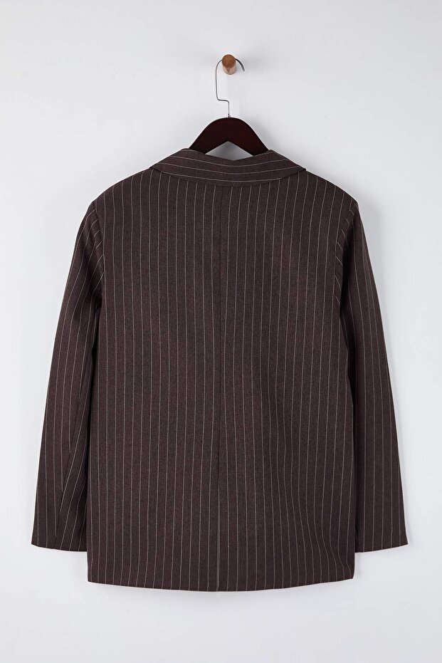 Kahverengi Çizgili Anvelop Kapama Oversize Dokuma Rahat Kalıp Blazer Ceket TWOAW26BC00063 - 6