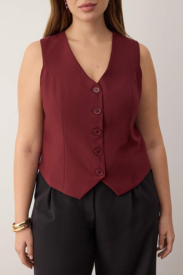 Bordo Fitted Crop Düğmeli Dokuma Büyük Beden Yelek TBBSS24BH00003 - 3