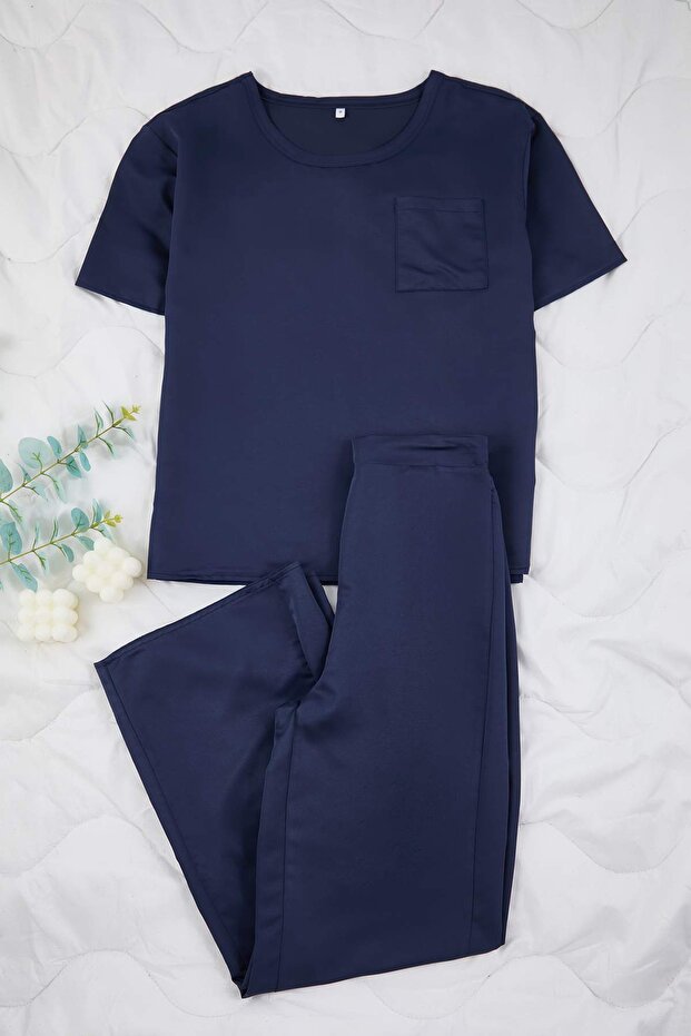 Lacivert Mat Saten Dokuma Pijama Takımı THMAW26PT00032 - 5