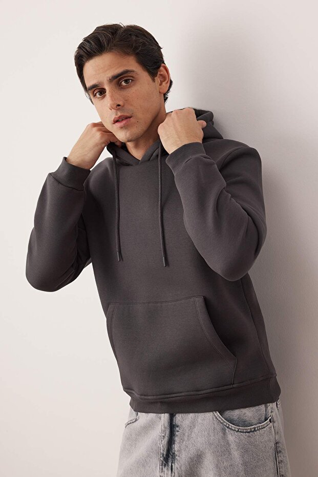 Antrasit Regular/Normal Kesim Kapüşonlu İçi Polar/Sıcak Tutan Sweatshirt TMNAW20SW0163 - 2