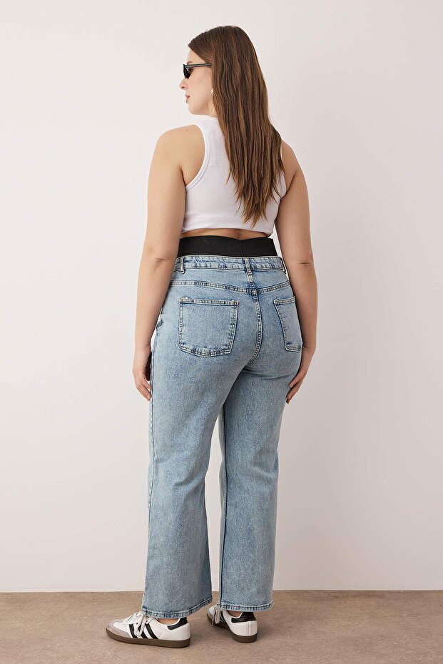 Mavi Yüksek Bel Beli Lastikli Geni Paça Büyük Beden Wide Leg Jeans TBBAW26CJ00029 - 4