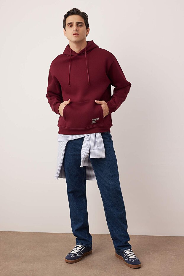 Bordo Oversize/Geniş Kesim Kapüşonlu Etiketli İçi Polar Pamuklu Sweatshirt TMNAW21SW2005 - 2
