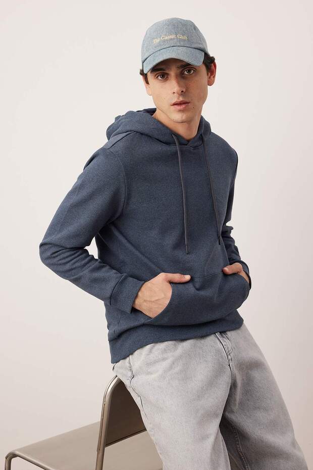 Indigo Regular/Normal Kesim Kapüşonlu İçi Polarlı Kalın Sweatshirt TMNAW26SW00016 - 2