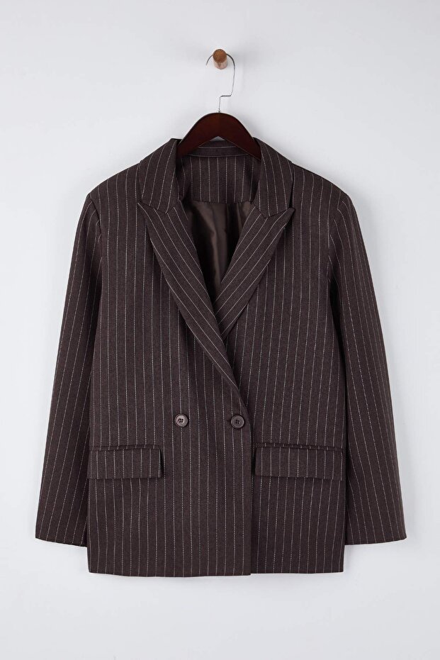 Kahverengi Çizgili Anvelop Kapama Oversize Dokuma Rahat Kalıp Blazer Ceket TWOAW26BC00063 - 5