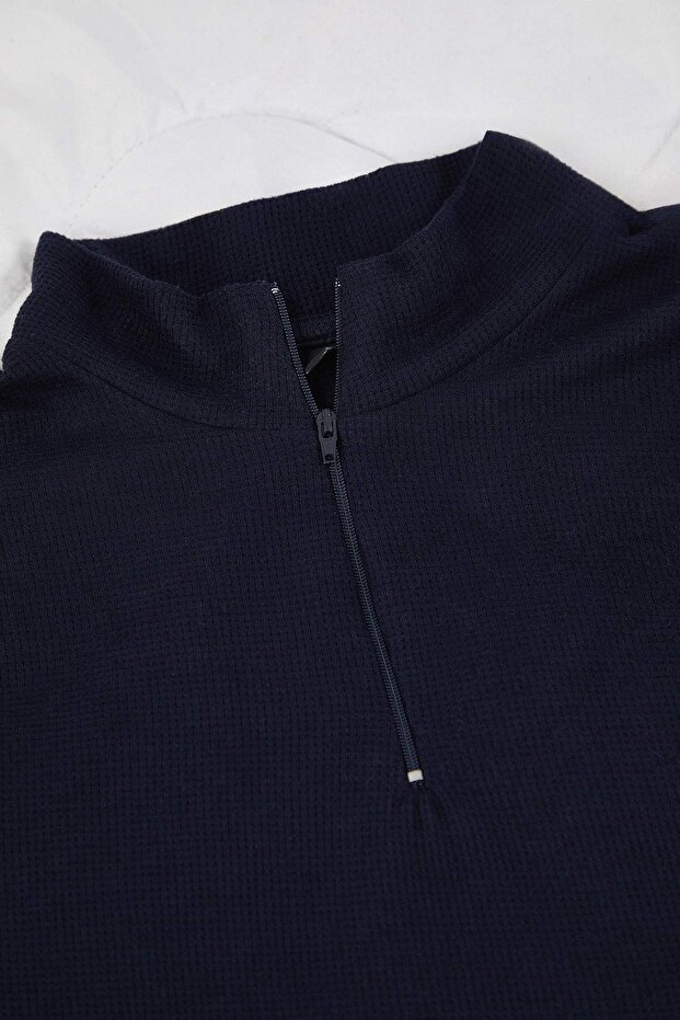 Lacivert Fermuarlı Yumuşak Kışlık Waffle Örme Pijama Takımı THMAW26PT00186 - 7