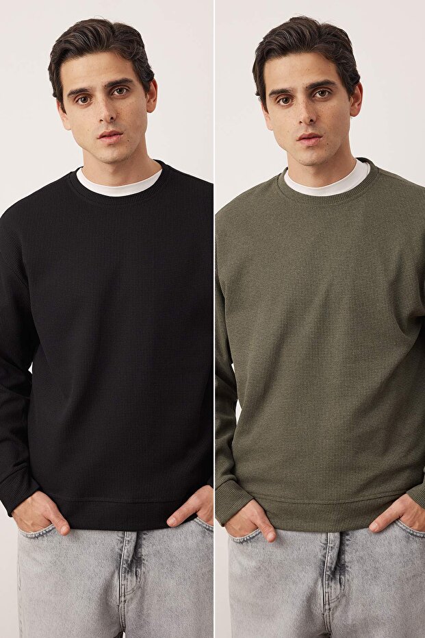 Siyah - Haki Yeni Oversize/Geniş Kalıp 2'li Paket Dokulu Waffle Sweatshirt TMNAW26SW00028 - 1