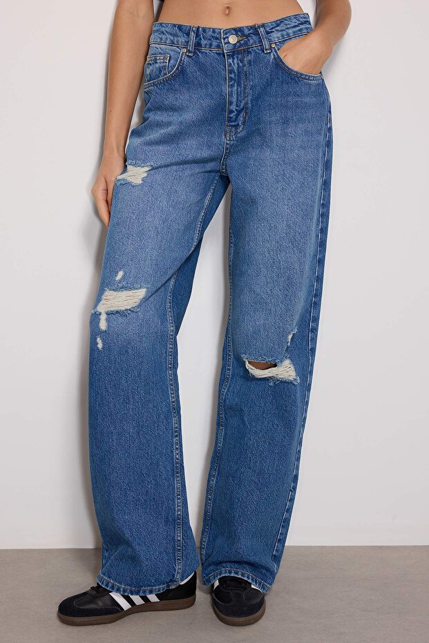 Mavi Yırtıklı Yüksek Bel Wide Leg Geniş Paça %100 Pamuk Non-Stretch Jeans TWOSS24JE00199 - 3
