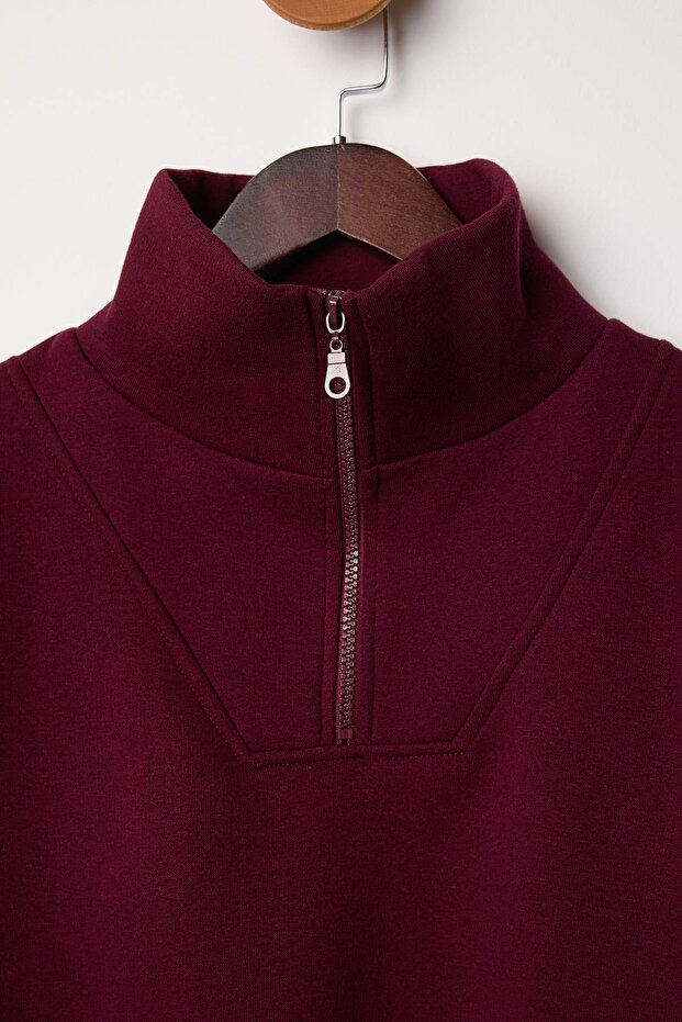 Bordo Kalın İçi Polarlı Dik Yaka Yarım Pat Fermuarı Crop Örme Sweatshirt TWOAW26SW00233 - 6