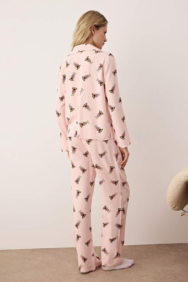 Pembe-Çok Renkli Baskılı Viskon Dokuma Pijama Takımı THMAW26PT00149 - 6