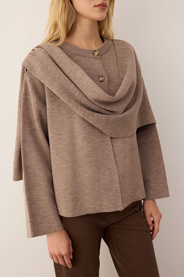 Vücut Seçmeyen Vizon Süper Oversize/Geniş Kalıp Şal Detaylı Triko Panço TWOAW26KZ00160 - 4