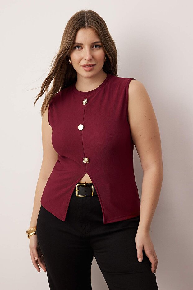 Bordo Aksesuar Düğmeli Bisiklet Yaka Regular Boy Yelek Örme Bluz TBBSS25AF00121 - 1