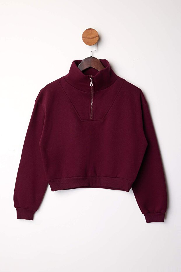 Bordo Kalın İçi Polarlı Dik Yaka Yarım Pat Fermuarı Crop Örme Sweatshirt TWOAW26SW00233 - 5