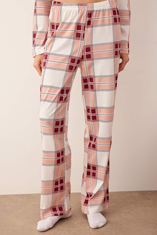 Gül Kurusu %100 Pamuklu Ekoseli Örme Pijama Takımı THMAW26PT00046 - 3