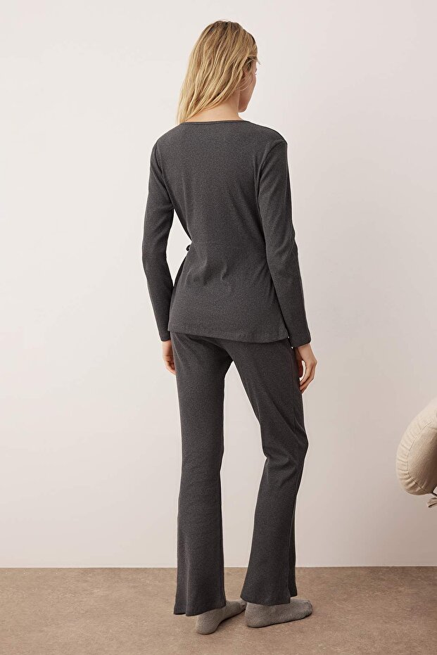 Antrasit Bağlama Detaylı Kruvaze Fitilli Kimono Örme Pijama Takımı THMAW26PT00003 - 4