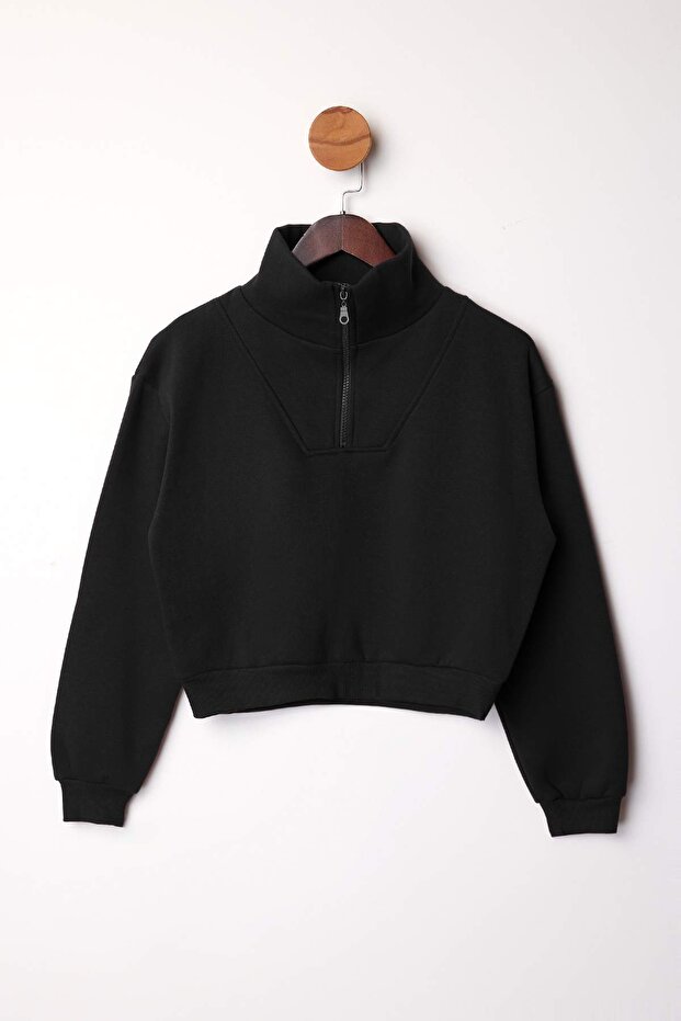 Siyah Kalın İçi Polarlı Dik Yaka Yarım Pat Fermuarı Crop Örme Sweatshirt TWOAW26SW00233 - 5