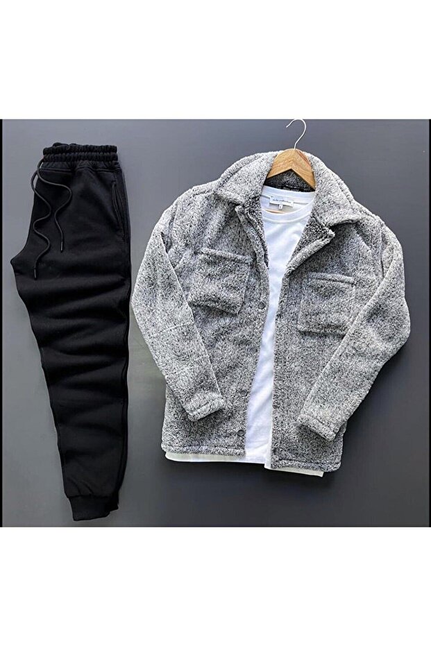 Plush Gray Shirt-black Bottom Sweatpants.