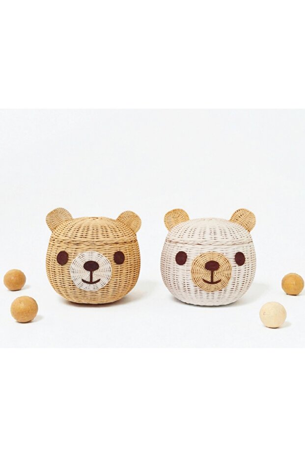 Natural Bamboo Double Teddy Bear Basket / Storage Box, Hand-Woven, Hanmade, Rattan, with Lid