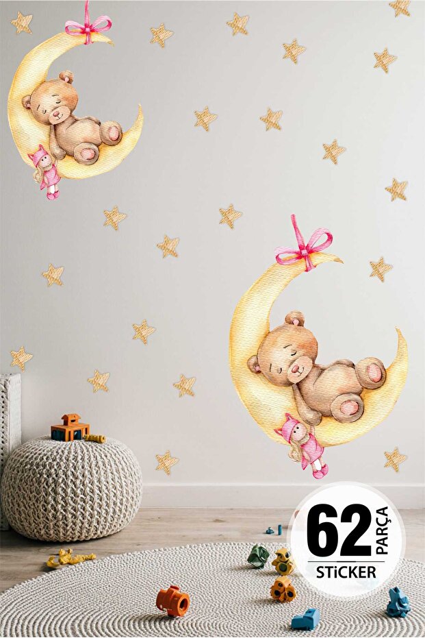 Sleeping Bear on the Moon Sticker Set, Cute Bear Decoration Sticker, Baby Room Wall Sticker