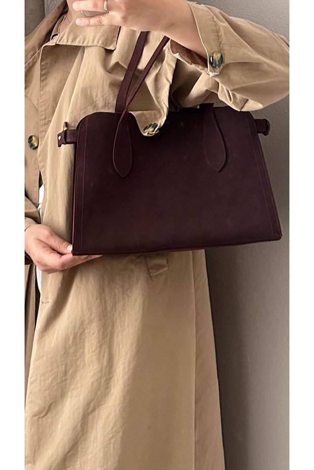 Suede Burgundy Wide Handle Bag with Puppies