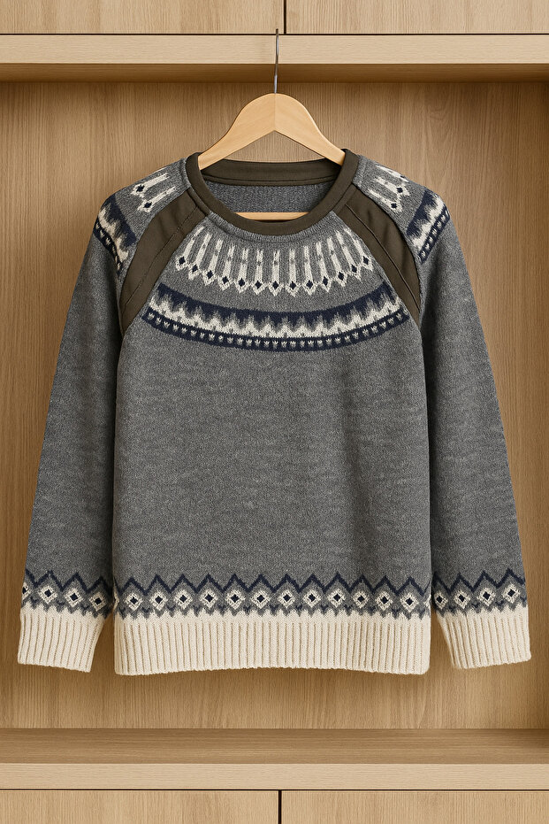 Boy's Crew Neck Combed Cotton Detailed Knitwear Sweater