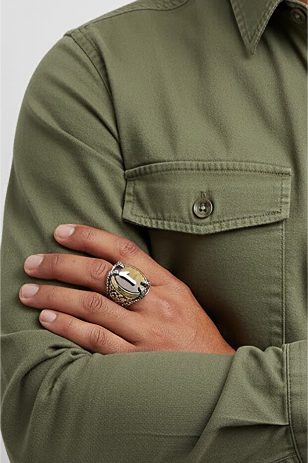 Pençe Model Kaplangözü Taşı Üzerine Elif Gümüş Yüzük - 3