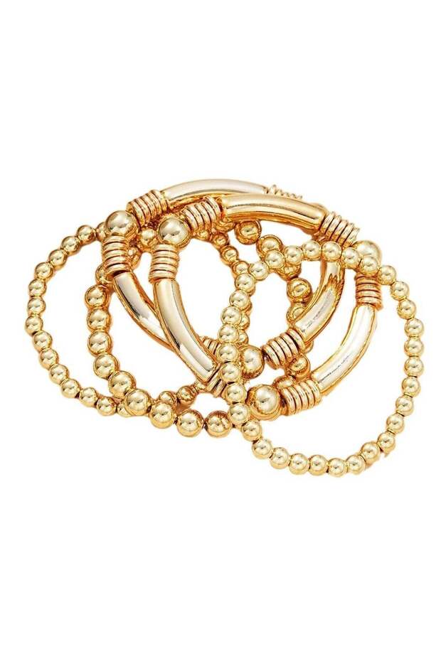 Gold Colour Beaded Stretch Bracelet Set 5-Piece Stackable Design
