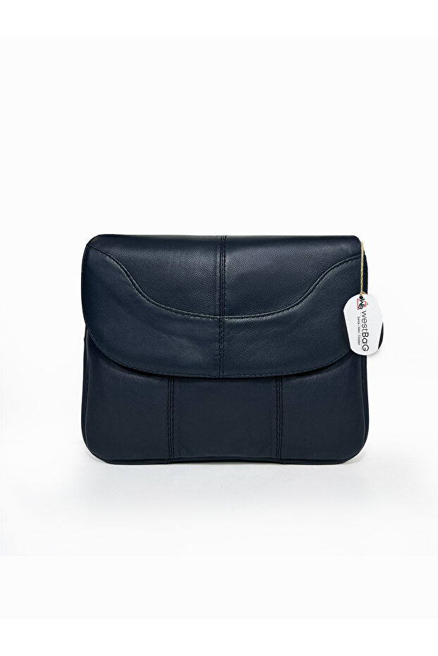 Women's Genuine Leather Navy Blue Zippered 3-Compartment Crossbody Bag with Shoulder Strap