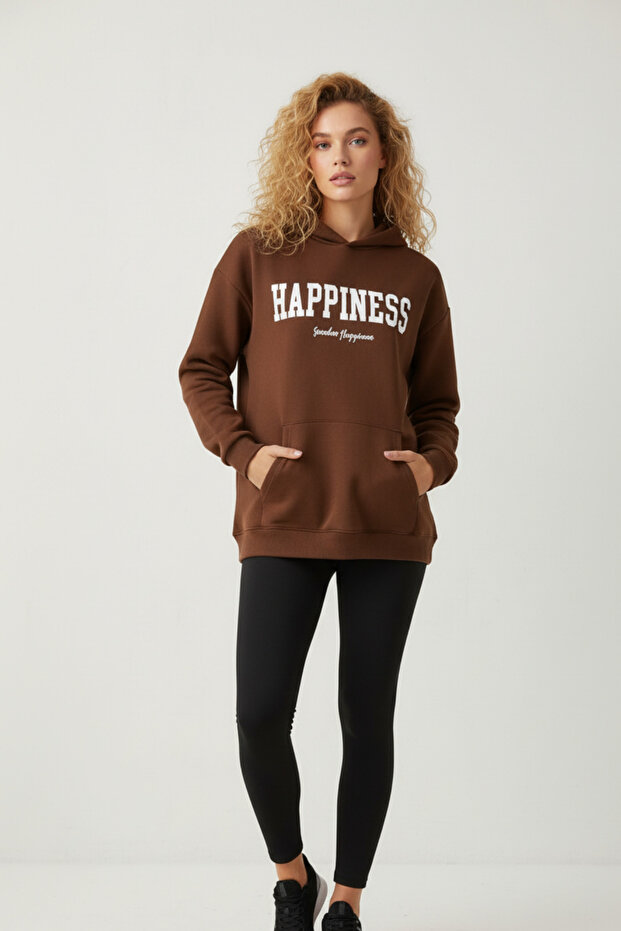 Happines Oversize Unisex Hooded Printed Sweatshirt