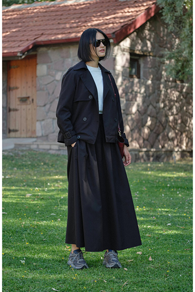 Kol Apoletli Siyah Midi Trenç Ceket - 4