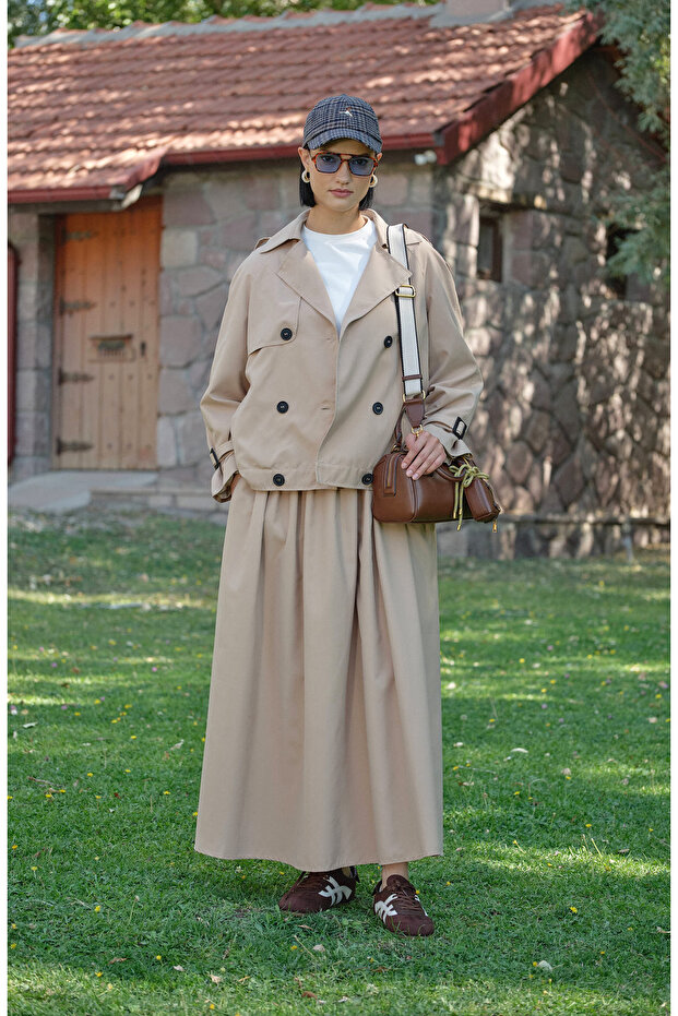 Kol Apoletli Sütlü Kahve Midi Trenç Ceket - 5