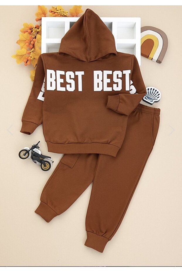 Children's Brown “Best” Printed Hooded Tracksuit Set