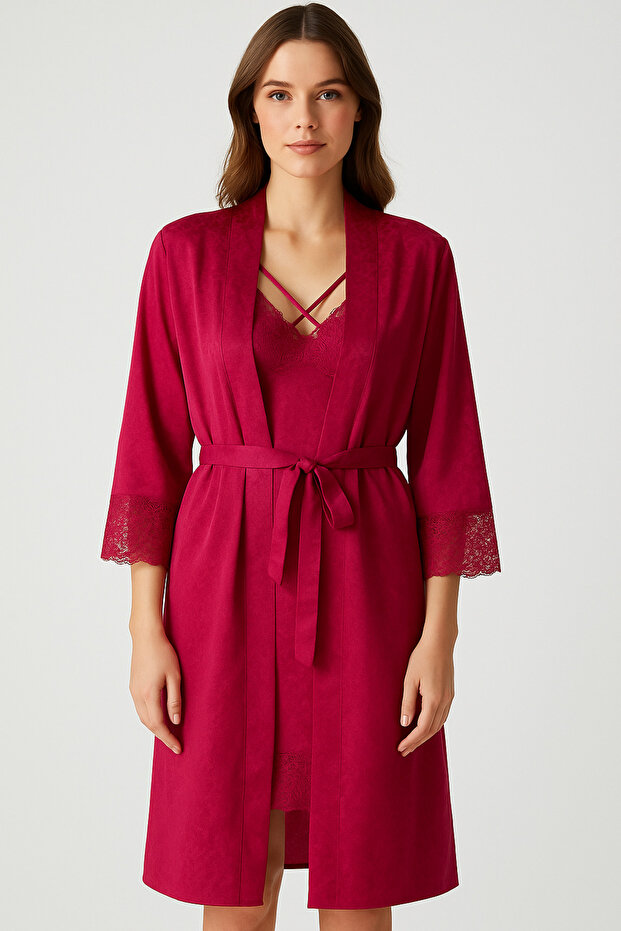 Fuchsia Jacquard Lace Detailed Premium Nightgown & Robe Set – Special Boxed
