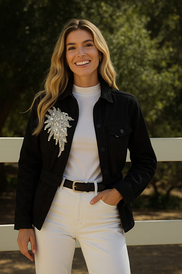 Silver Embroidered Black Color Jean Jacket