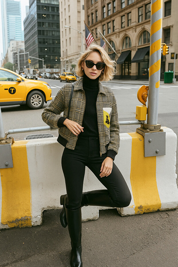 Yellow Plaid Jacket with Embroidered Pockets