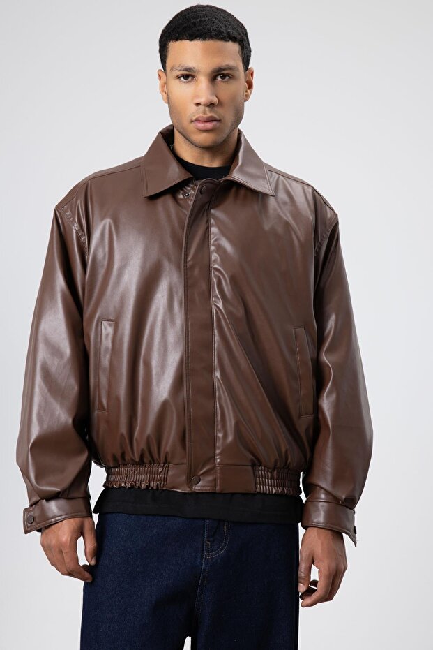 Basıc Suni Deri Oversize Ceket Kahve - 3