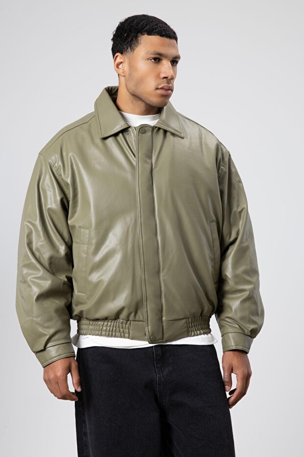 Basıc Suni Deri Oversize Ceket Haki - 4