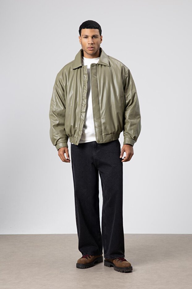 Basıc Suni Deri Oversize Ceket Haki - 1