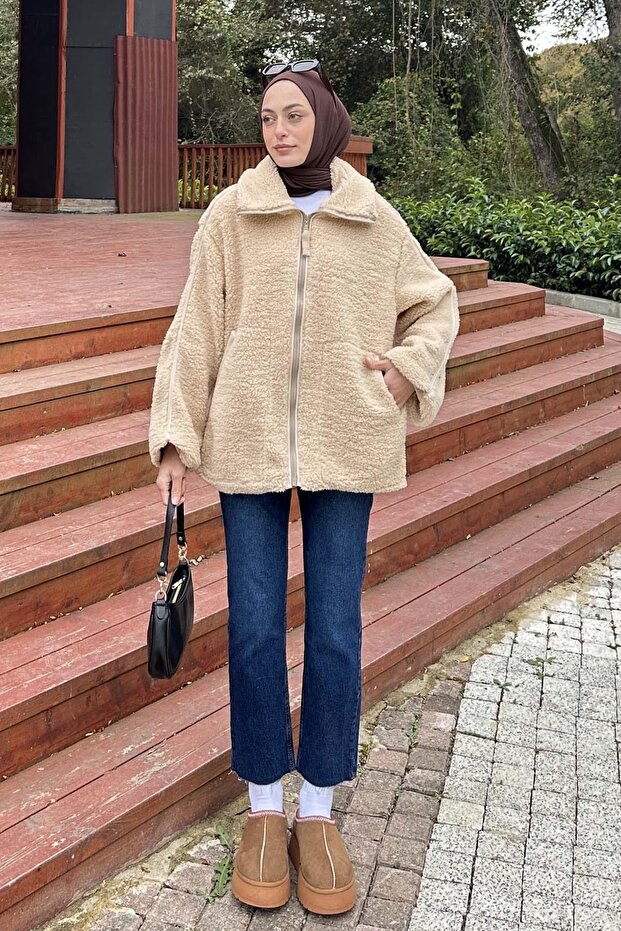 Tedy Plush Coat with Piping Detail Milk Coffee