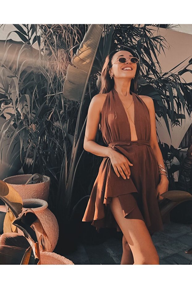 Linen V-Neck, Backless, Brown Mini Dress