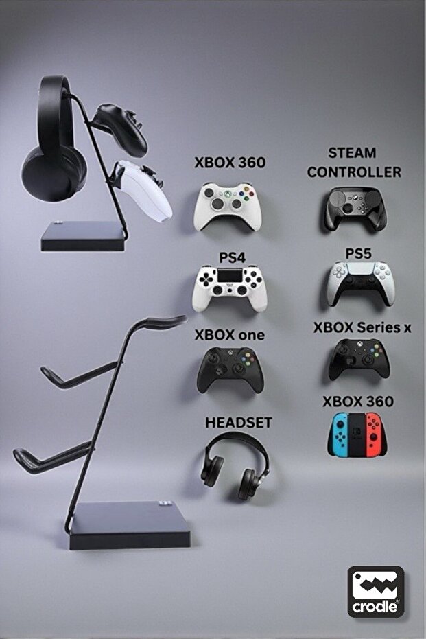 Siyah Ahşap ve Siyah Metal Gaming PS4 PS5 Xbox Joystick Controller Tutucu ve Kulaklık Dikey Standı - 3