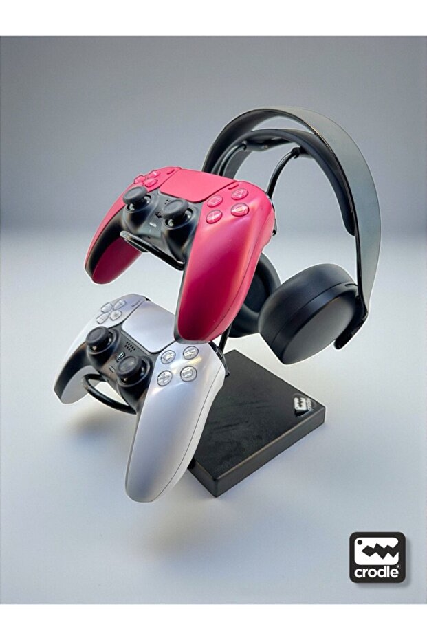 Siyah Ahşap ve Siyah Metal Gaming PS4 PS5 Xbox Joystick Controller Tutucu ve Kulaklık Dikey Standı - 8