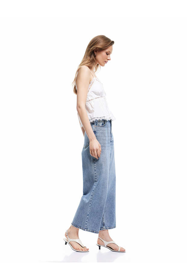 Cotton Button Pocket Regular Waist Crop Wide Leg Jean Trousers - Wide Leg Jean