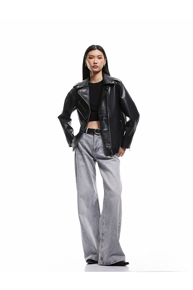 Long Sleeve Faux Leather Biker Jacket with Zipper Pockets