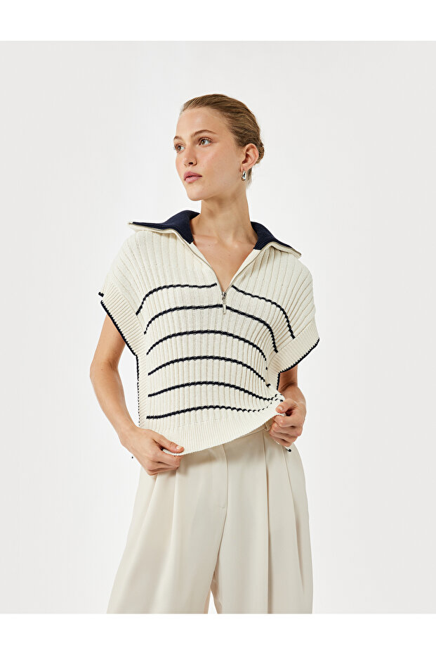 Half Zip Polo Neck Striped Sweater with Side Slits