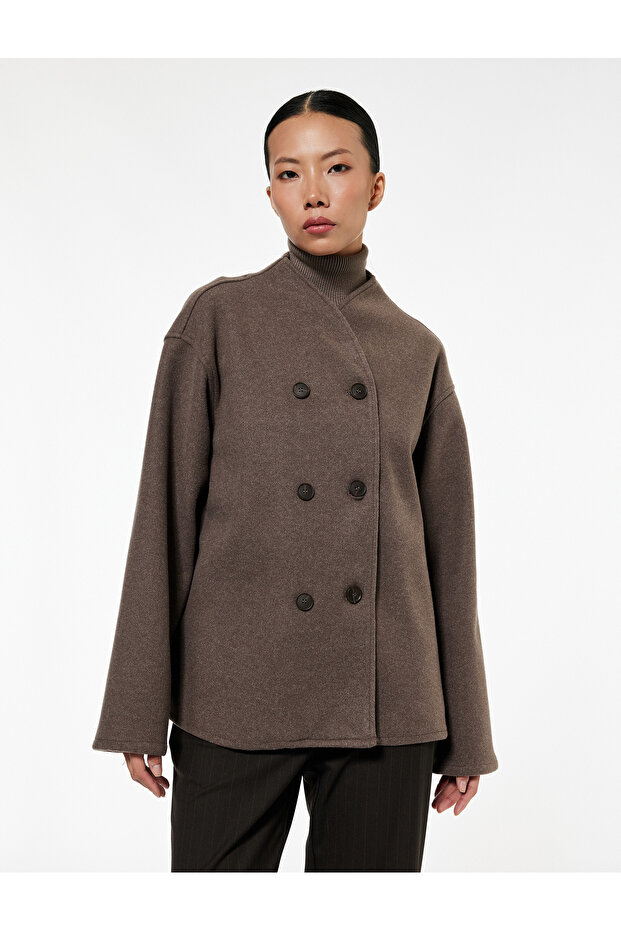 Long Sleeve Stand Collar Buttoned Double-Breasted Cashmere Jacket