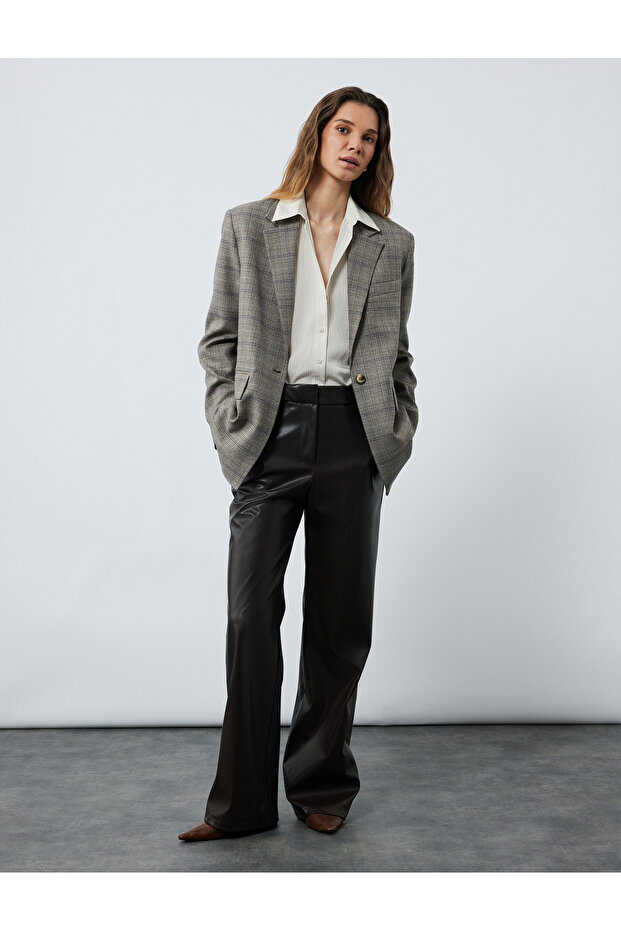Double Breasted Pocket Long Sleeve Plaid Oversize Blazer Jacket